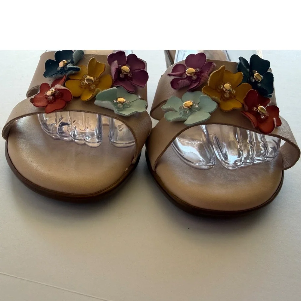 Italiana Beige Leather Floral‎ Wedge Sandals  Multi Color Flowers 9.5